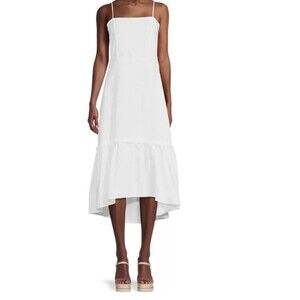SAKS FIFTH AVENUE White Linen Blend Ruffle Thin Adjustable Strap Dress (Size XS)